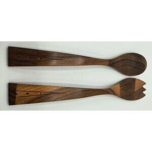 Hand-Carved Wooden Salad Server Set Spoon & Fork 13.25" Kitchen Utensils Natural